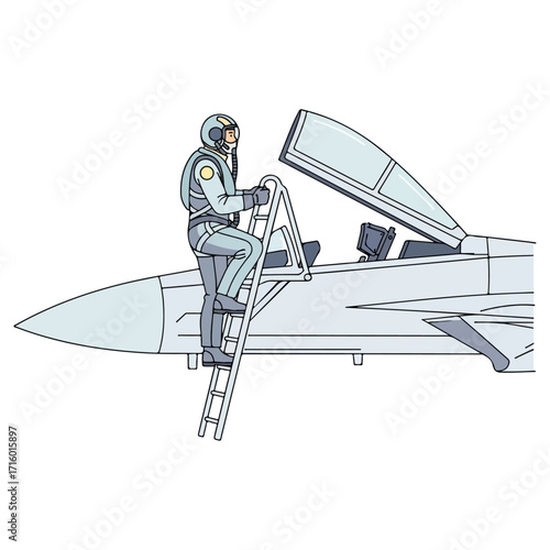 Pilot climbing into the cockpit of a fighter jet.