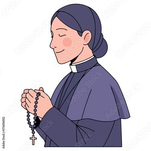 Religious woman praying with rosary beads, peaceful expression.