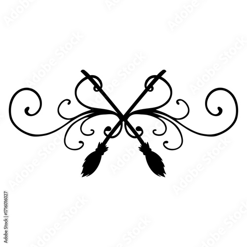 Logo con silueta de escobas de bruja cruzadas con filigrana caligráfica. Silueta con florituras para tarjetas y felicitaciones de Halloween