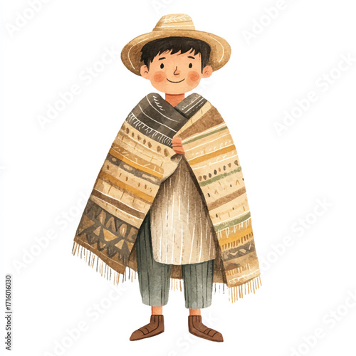 Boy in Traditional Andean Clothing with Straw Hat and Woven Poncho.