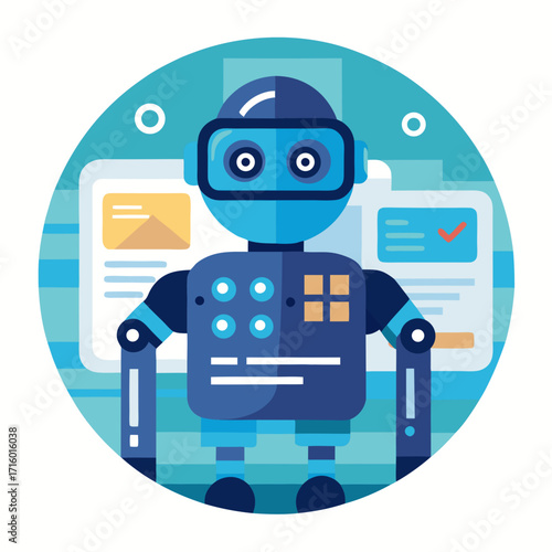 Friendly blue robot working on a digital interface with data and tasks