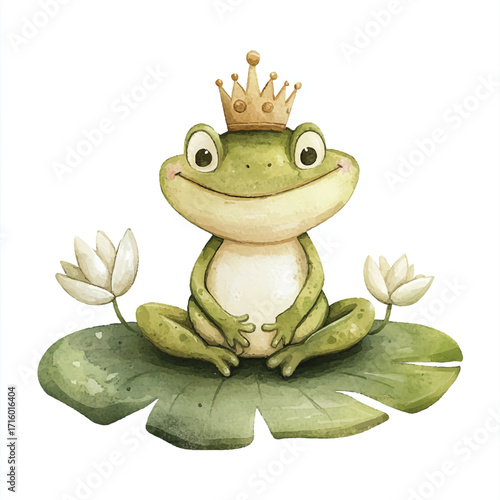 Cartoon Frog Prince Wearing a Crown Sitting on a Lily Pad.