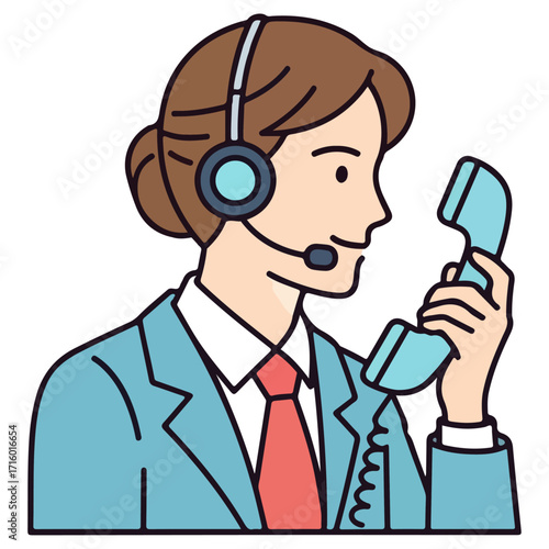 Customer service representative wearing headset and holding phone.