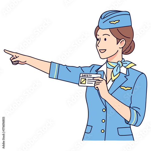 Flight attendant pointing and holding safety card.