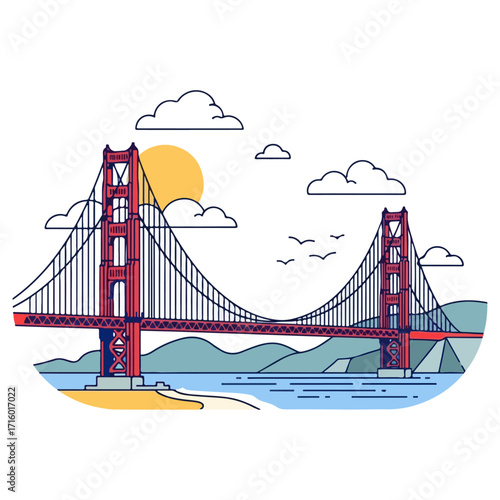 Golden Gate Bridge illustration with sun and clouds over the water.