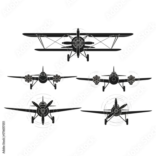 Vintage aircraft silhouettes in front view, aviation design.