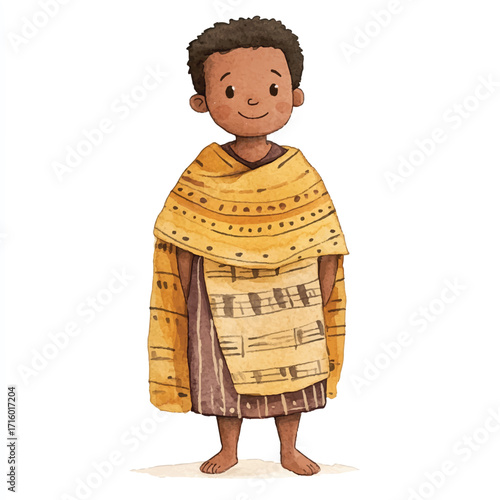 Charming cartoon illustration of a young boy in traditional attire.