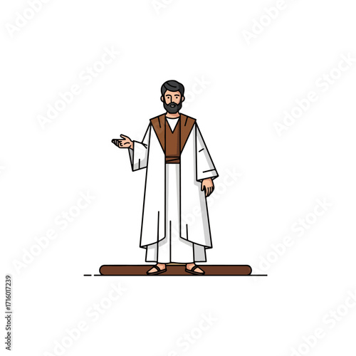 Man in white robe with beard gesturing towards something.