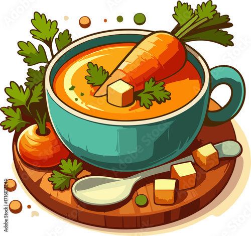 Cartoon Vector of Carrot Soup Mug with Whole Carrot, Parsley, Croutons, and Wooden Board for Healthy Vegetarian Food Design