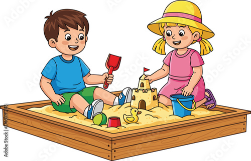 Children playing in sandbox, summer outdoor activity, sandcastle building, colorful toys, happy kids, fun day, childhood joy, sunny weather, leisure