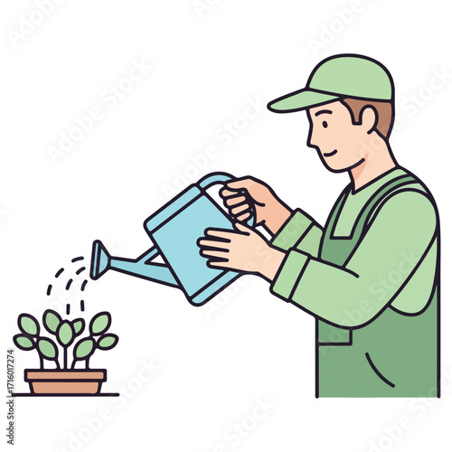 Man watering plants in a pot, gardening and taking care.