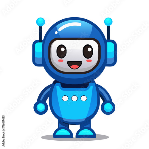 Cute blue robot character with big eyes and happy smile