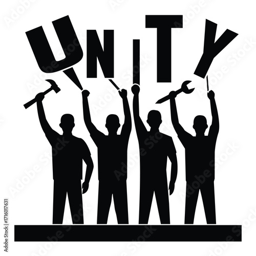 A graphic illustration of a group of workers holding up the word unity, symbolizing solidarity and power.