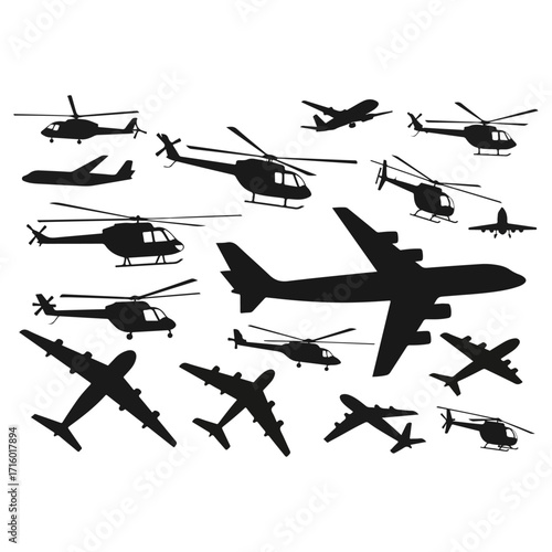 Silhouettes of various aircrafts and helicopters on a white background.