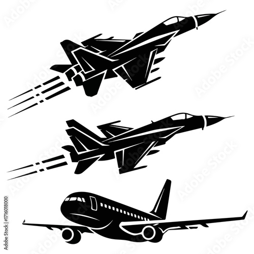 Three different aircrafts flying in the sky, black silhouettes.