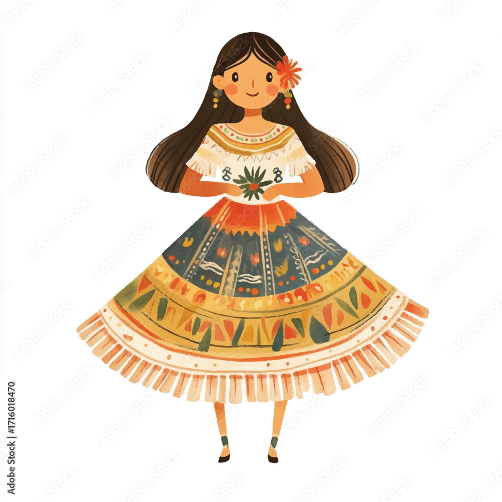 Fototapeta premium Charming illustration of a young girl in traditional Mexican attire.
