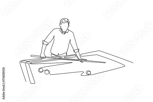 Continuous one line drawing young man leaning over a billiards table, holding a cue stick, ready for his next shot. Essential elements of the scene. Single line draw design vector graphic illustration