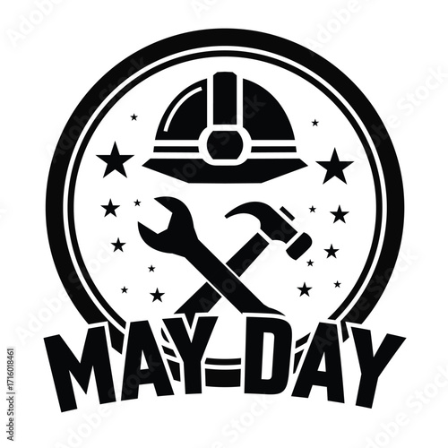 A graphic emblem for May Day, featuring a hard hat, crossed hammer and wrench, and decorative stars.