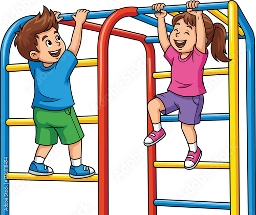 Children playing jungle gym, colorful bars, outdoor activity, climbing fun, physical exercise, playground adventure, coordination skills, active kids, summer playtime