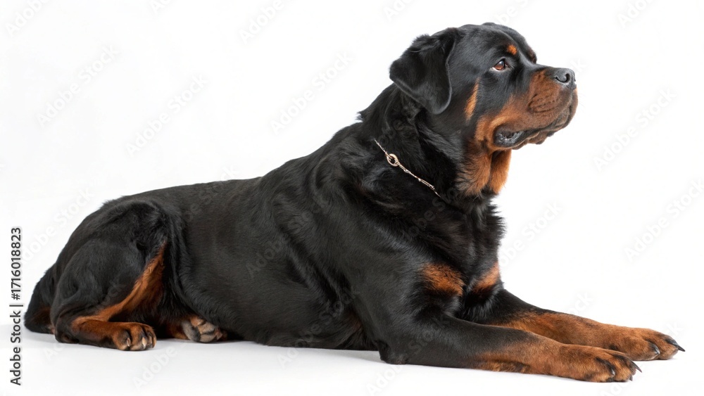 Obraz premium Long-Haired Rottweiler sitting calmly on a clean white studio background, showing thick shiny coat and strong features, sharp focus, and professional studio lighting