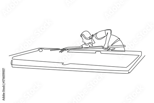 Single continuous line drawing woman in a low, focused stance, aiming a shot on pool table. Precision, strategy, and concentration of the game. Dynamic one line draw graphic design vector illustration