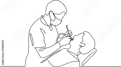 Dentist Examining Patient Continuous Line Drawing Vector Illustration Art