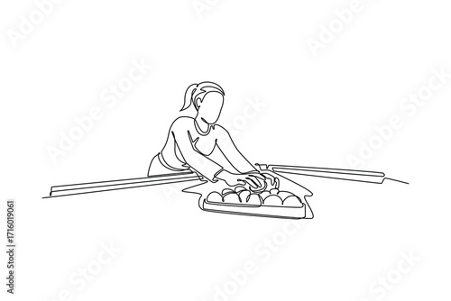 Single continuous line drawing young female meticulously racking billiard balls on a pool table. Strategic start and poised anticipation of a new game. One line draw graphic design vector illustration