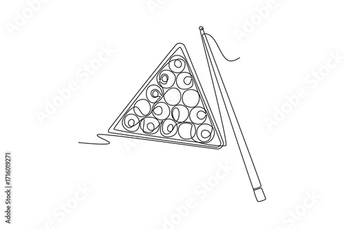 Single one line drawing rack of billiard balls and a cue stick, symbolizing strategic start and poised anticipation of new game of pool. Modern continuous line draw design graphic vector illustration