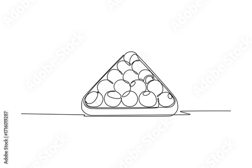 Single continuous line drawing full rack of billiard balls icon, symbolizing the strategic start and poised anticipation of a new game of pool. Dynamic one line draw graphic design vector illustration
