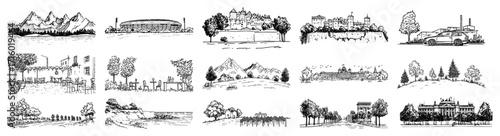 Hand Drawn Countryside and Landscape Doodle Vector Set