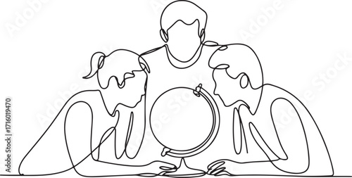 Continuous Line Drawing of Students Learning Geography with Globe Vector Art