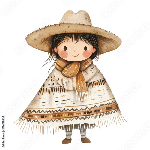 Charming Watercolor Illustration of a Girl in Traditional Mexican Attire.