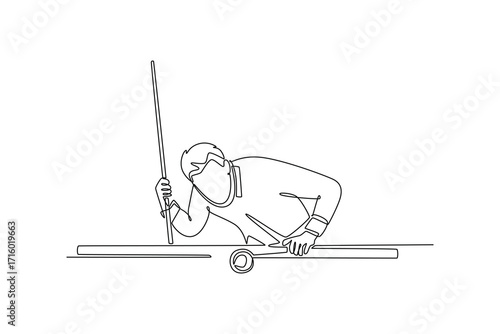 Single one line drawing man playing billiards in low, focused stance, aiming shot on pool table. Precision, strategy, concentration of the game. Continuous line draw design graphic vector illustration