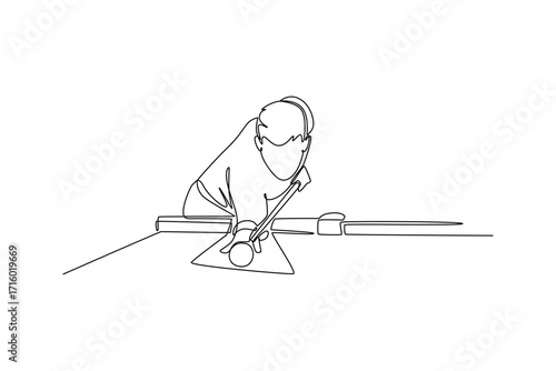Single continuous line drawing young man in a low, focused stance, aiming shot on pool table. Precision, strategy, and concentration of game. Dynamic one line draw graphic design vector illustration
