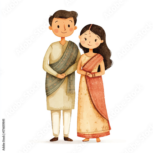 Charming watercolor illustration of a young Indian couple in traditional attire.