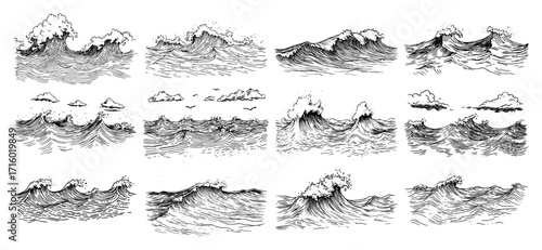 Ocean Wave Set Hand Drawn Sea Surf Vector Elements
