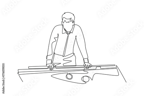 Single one line drawing young man in suit contemplating his next shot. Strategy, mental focus, calm concentration of a billiard player. Modern continuous line draw design graphic vector illustration
