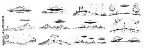 Ufo and Alien Doodle Set in a Hand Drawn Style black shape vector laser cutting engraving monochrome print