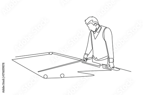 Single one line drawing active male pool athlete aiming a cue stick, representing poised concentration and technical skill of a billiard player. Continuous line draw design graphic vector illustration