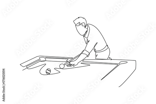 Continuous one line drawing young man athlete leaning over a billiards table, lining up a shot with focused intent, emphasizing his careful skill. Single line draw design vector graphic illustration