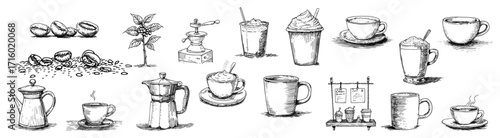 Hand Drawn Coffee Themed Doodle Illustration Set