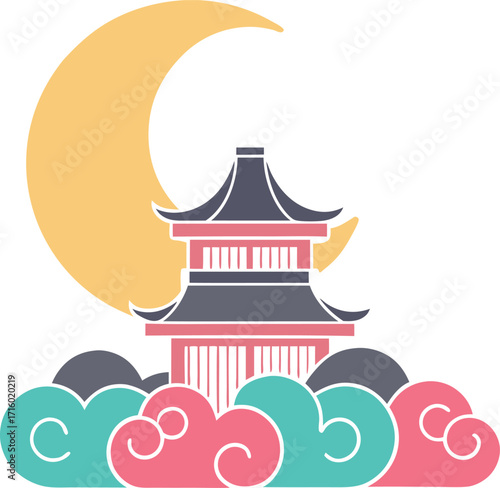 Chinese colorful Architecture Flat, moon and cloud vector Icon