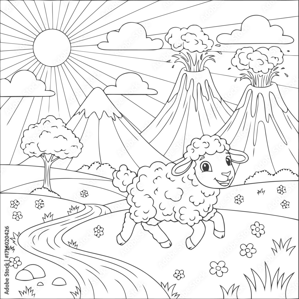Obraz premium A charming lamb's adventure in a prehistoric world with volcanoes, a creative coloring book page