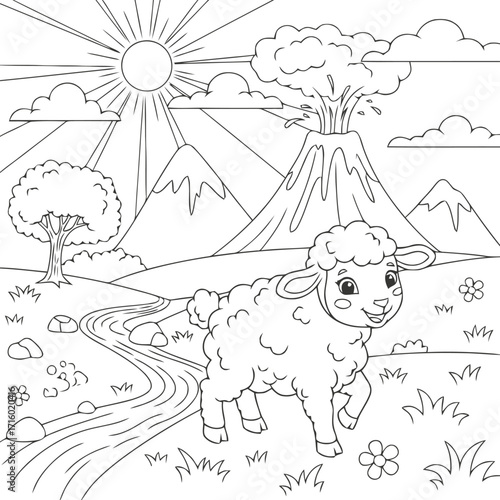 Cute sheep in a volcanic landscape, a fun coloring page for a kids activity book