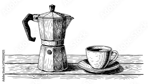 Hand Drawn Moka Pot with Coffee Cup on Wooden Table