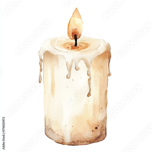 Close up of a single light beige candle with a lit flame.