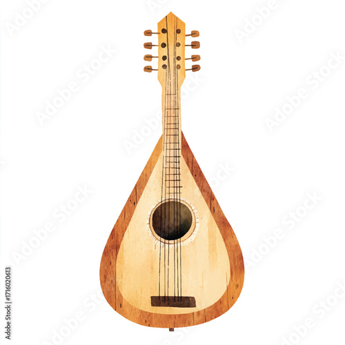 Closeup of a Beautiful Wooden Mandolin with Strings and Tuning Pegs.