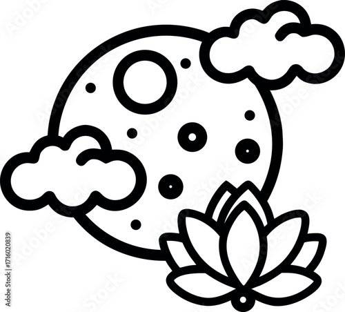 Mid Autumn Lotus, cloud and moon outline vector icon