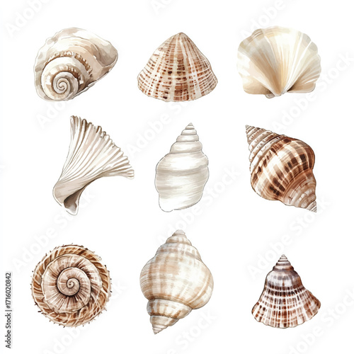 Collection of Various Seashells in Different Shapes and Patterns.