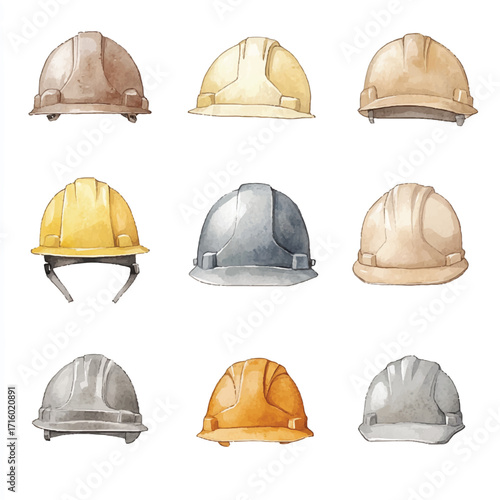 Collection of watercolor hard hats safety helmets.